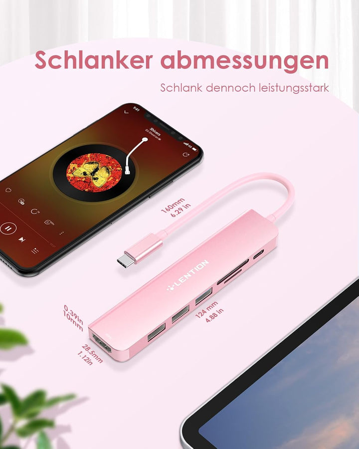 LENTION USB C Hub mit 100W PD Aufladung, 4K@60Hz HDMI, SD/TF Kartenleser, USB 3.0, Adapter USB C auf