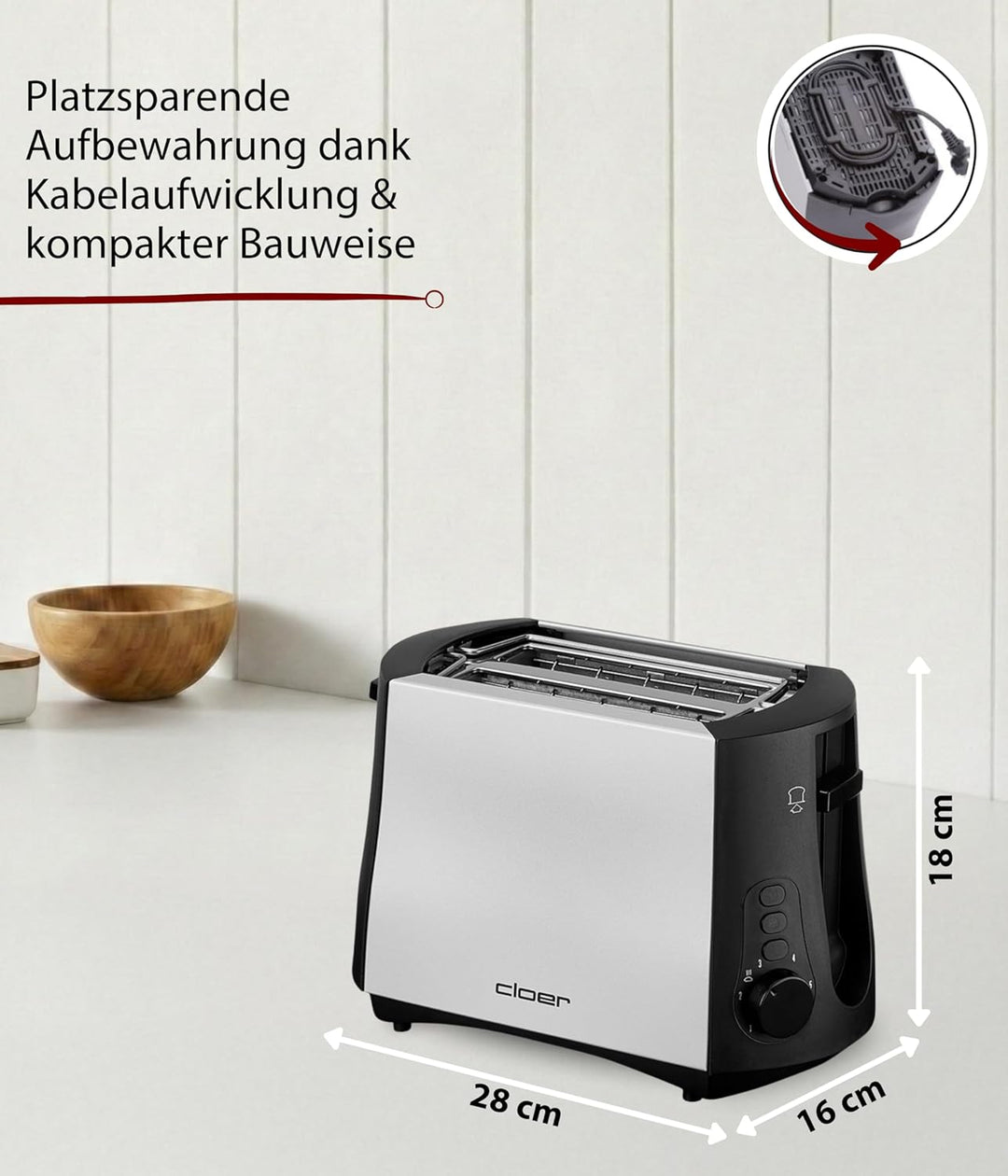 Cloer 3410 Toaster / 825 W / für 2 Toastscheiben / integrierter Brötchenaufsatz / Nachhebevorrichtun