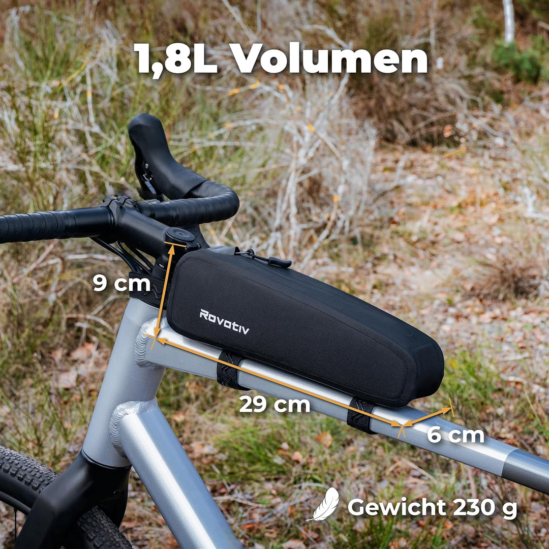 Rovativ® Bikepacking Oberrohrtasche [1,8 Liter] 100% Wasserdicht - Top Tube Bag - extra Fester Halt