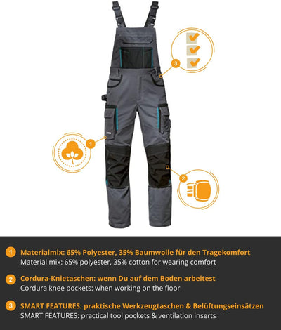 Uvex Tune-up Lange Herren-Arbeitshose - Lange Latzhose mit Knietaschen 52 Grau, 52 Grau