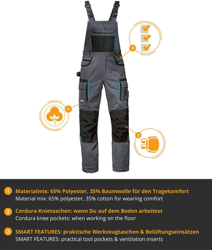 Uvex Tune-up Lange Herren-Arbeitshose - Lange Latzhose mit Knietaschen - Premium Latzhosen 44 Grau,
