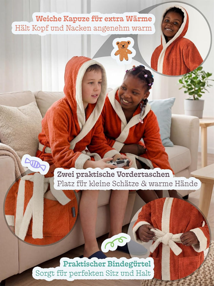 normani Kinder-Bademantel mit Kapuze aus 100% Bio-Baumwolle - für Jungen und Mädchen, Orange
