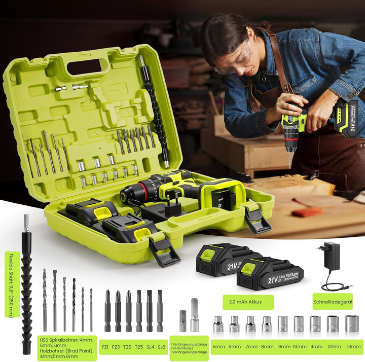 21V Akku bohrhammer, Bürstenlose Akkuschrauber Set mit 2 * 2000 mAh Akku, 3/8" Bohrfutter, 21+3 Dreh