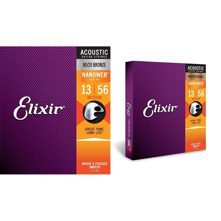 Elixir 11102 Saiten 80/20 Bronze Akustik-Gitarrensaiten mit NANOWEB Beschichtung, Medium (.013-.056)