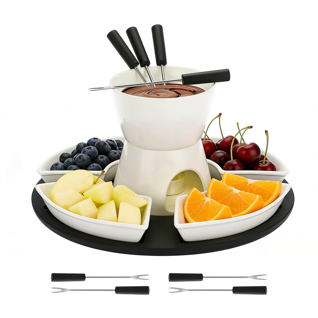 Keramik Fondue-Set mit 4 Schälchen &amp; Gabeln | Weisser Porzellan Käse- &amp; Schokoladen-Schmelztopf | 30
