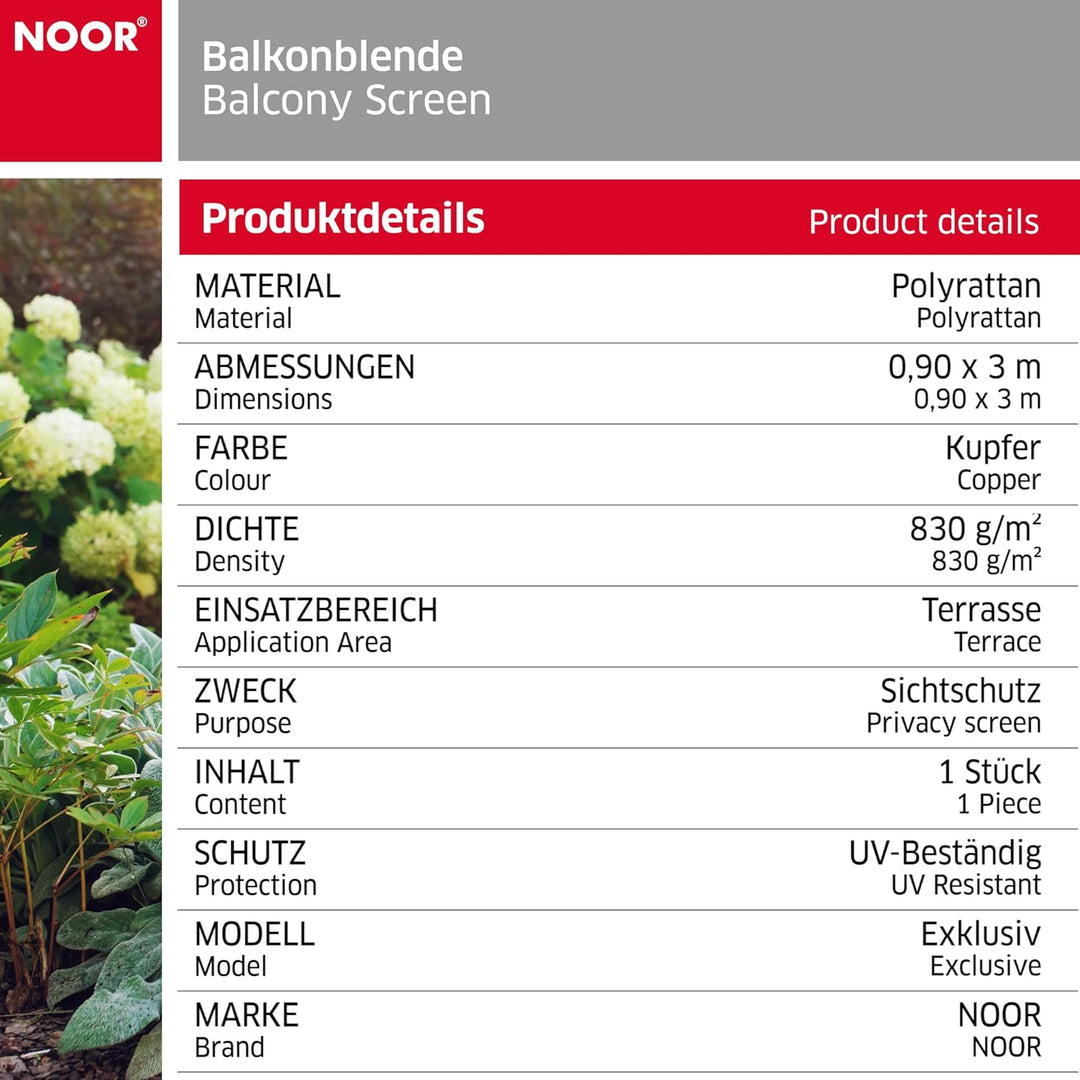 NOOR Balkonblende Exklusiv aus Rattan 0,90 x 3m I Kupferfarbene Sichtschutzmatte mit Ösen für einen