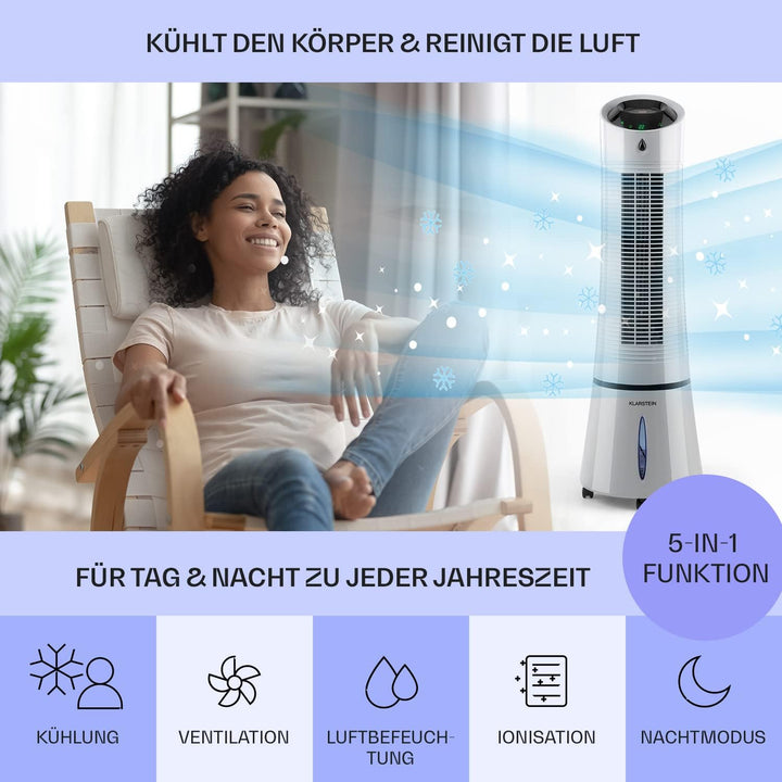 Klarstein 4-in-1: Luftkühler, Ventilator, Luftbefeuchter & Ionisation I 6 L Wassertank, Oszillation,