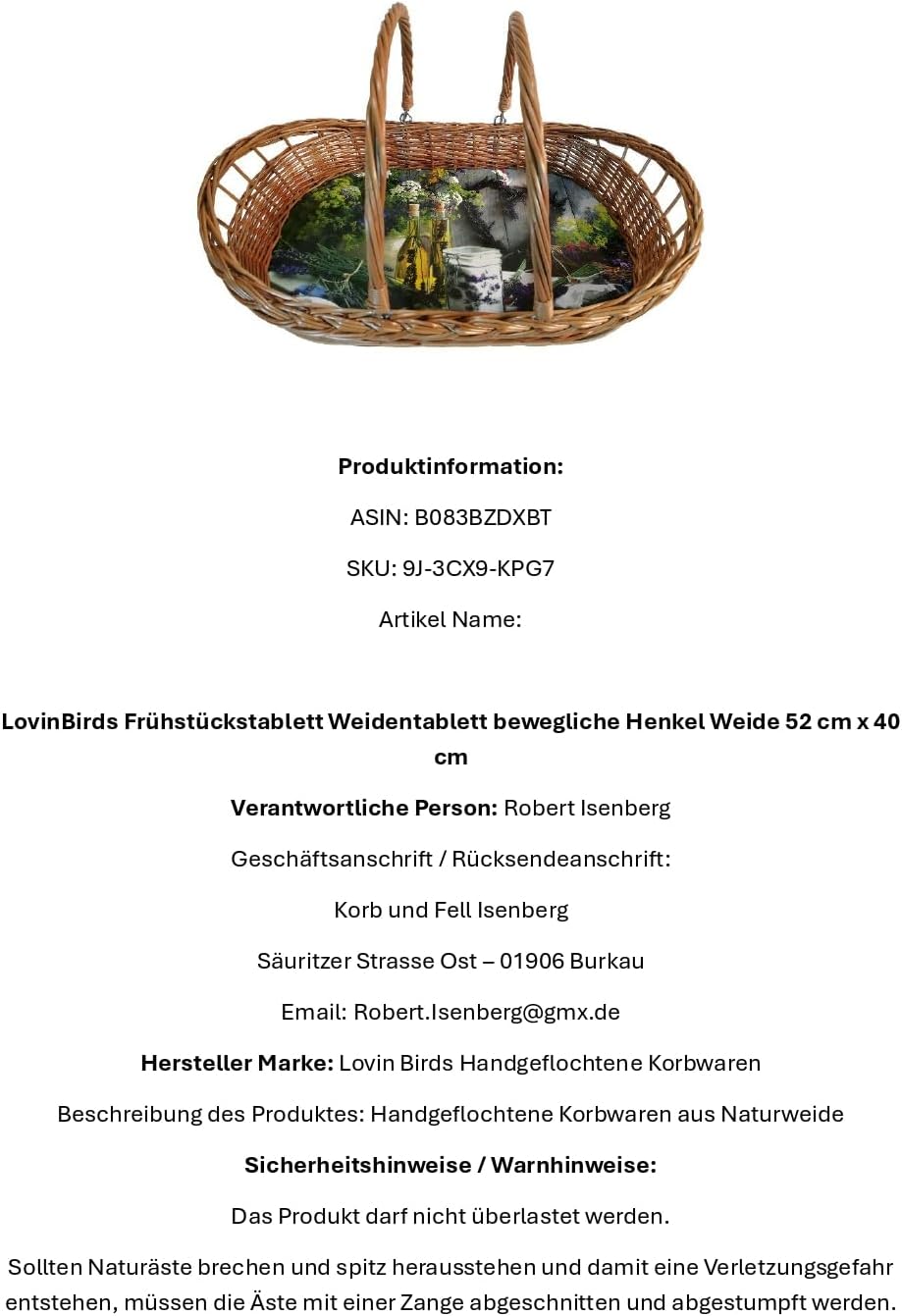 Frühstückstablett Weidentablett bewegliche Henkel Weide 52 cm x 40 cm