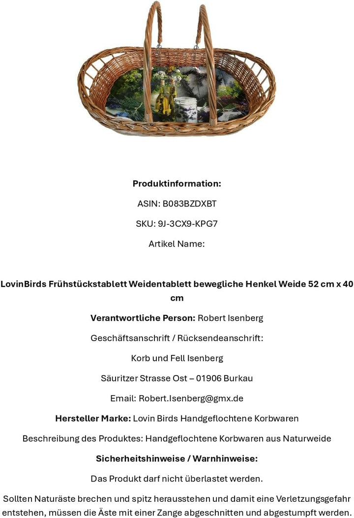 Frühstückstablett Weidentablett bewegliche Henkel Weide 52 cm x 40 cm