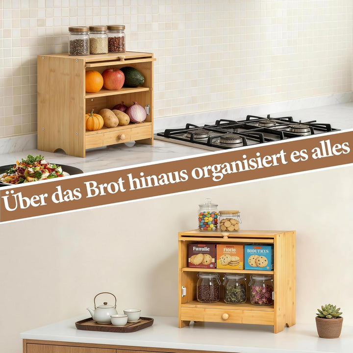 2 Stöckiger Brotkasten mit Schneidebrett, 38.5x36x25cm Natürlicher Bambus Brotbox mit Fenster für Kü