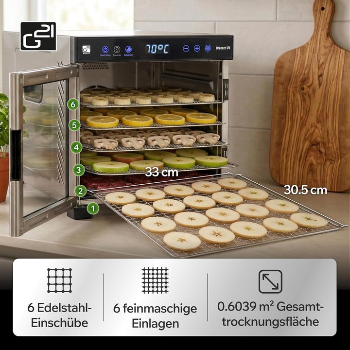 Dörrautomat/Obsttrockner G21 Breezer mit UV-Funktion, Edelstahl, 650 W, Zeitschaltuhr, 6 Trockenplat