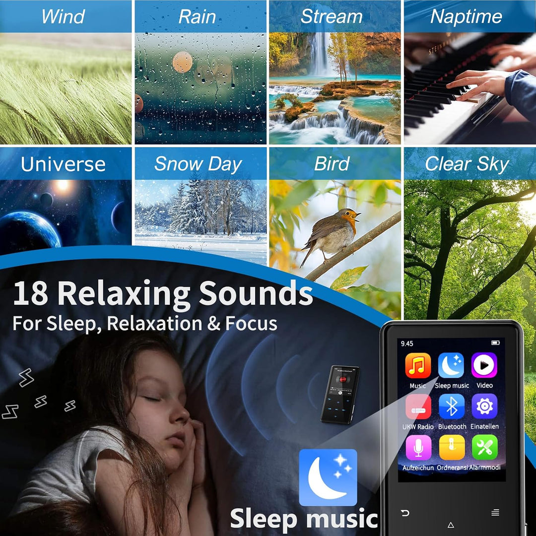 MP3 Player mit Bluetooth 5.3, 64GB und 2,4" Display – Mit Touch-Tasten, Lautsprecher, Metallgehäuse,