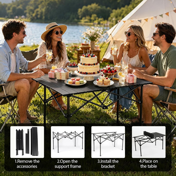 Campingtisch faltbar – Rolltisch mit aufrollbarer Tischplatte, tragbarer Klapptisch aus Stahl inkl.