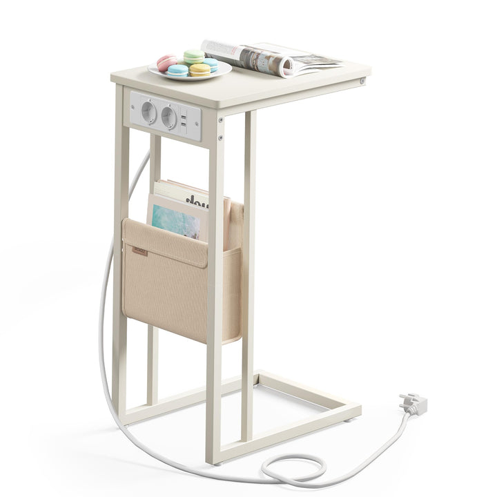 VASAGLE Beistelltisch, Nachttisch mit Steckdosen, C Form, Couchtisch für kleine Räume, 2 USB-Anschlü