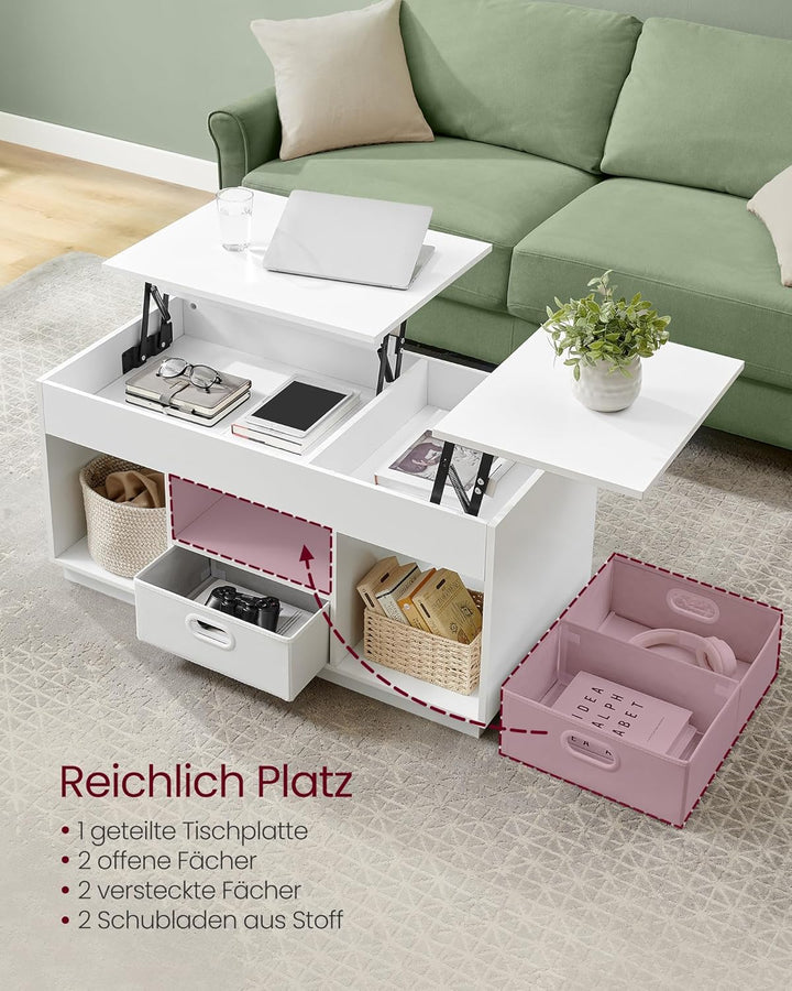 VASAGLE Couchtisch, höhenverstellbarer Wohnzimmertisch, 2 Schubladen und versteckte Fächer, Kaffeeti