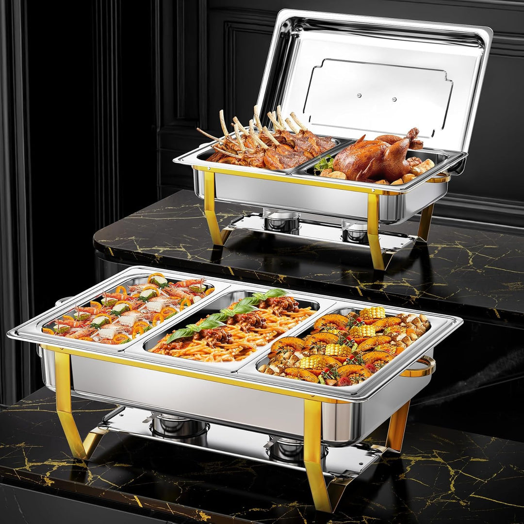 WARMOUNTS Silber & Gold Chafing Dish Buffet Set 9L, Edelstahl Speisenwärmer für Catering, Hochglanzp