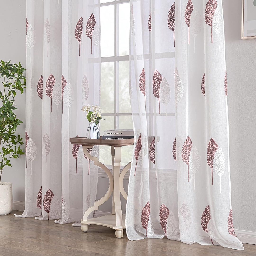 MIULEE Wohnzimmer Vorhänge Transparent mit Altrosa und Weiss Blätter Muster, Modern Stickerei Gardin