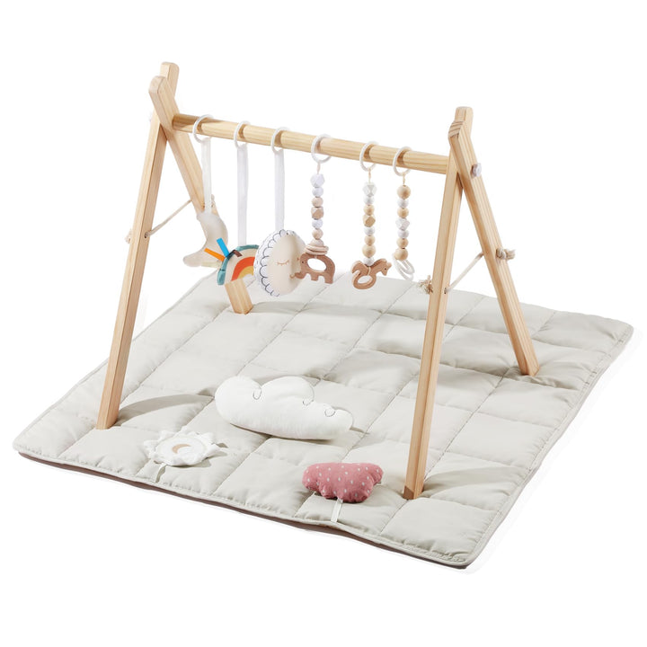 Mallify Baby Spielbogen mit Matte, Holzspielzeug mit 9 Sensorischen Spielzeugen, Faltbares Baby-Spie