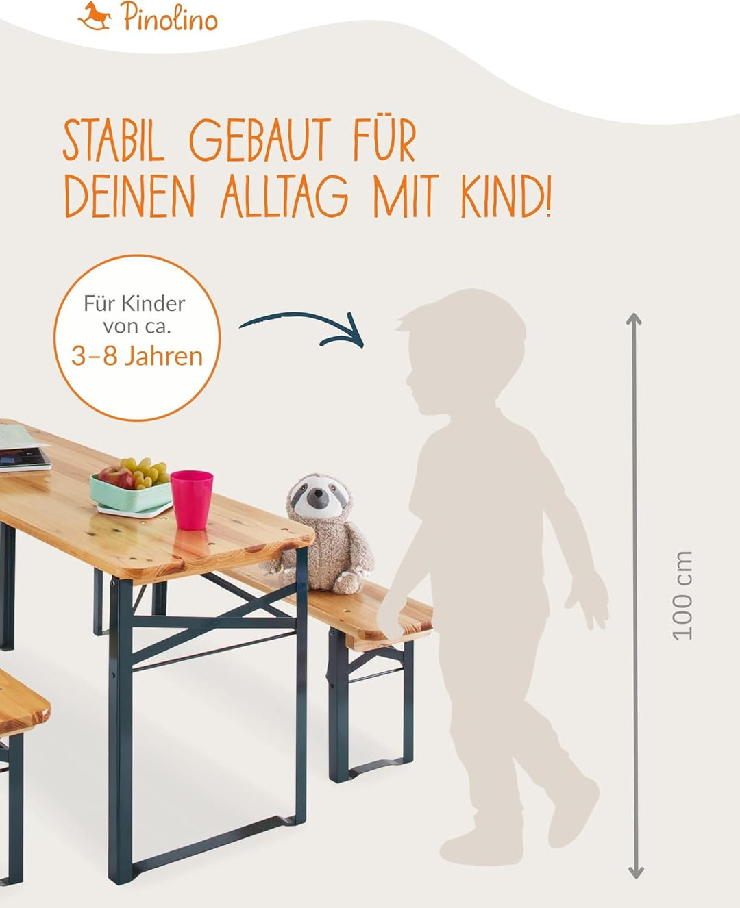 PINOLINO Kinderfestzeltgarnitur Sepp, aus Holz und Metall, 3-teilig, einfach zusammenklappbar, empfo