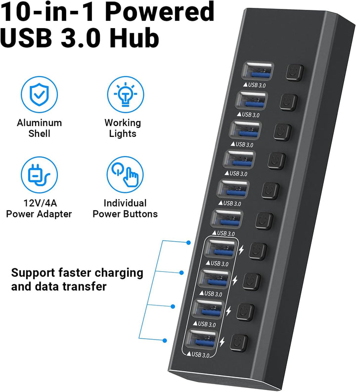 USB-3.0-Hub, Aluminium, 10 Anschlüsse, USB-3.0-Daten-Hub mit 12 V/4 A (48 W) Netzadapter und individ