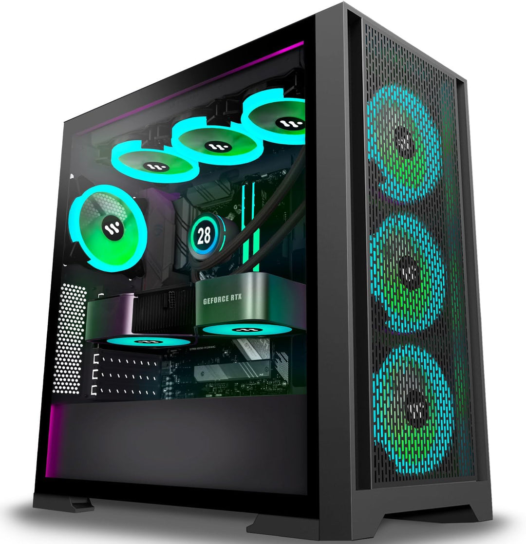 KEDIERS PC Gehäuse - Vorinstallierte 7 PWM ARGB lüfter, E-ATX Tower Gehäuse aus gehärtetem Glas, Sch