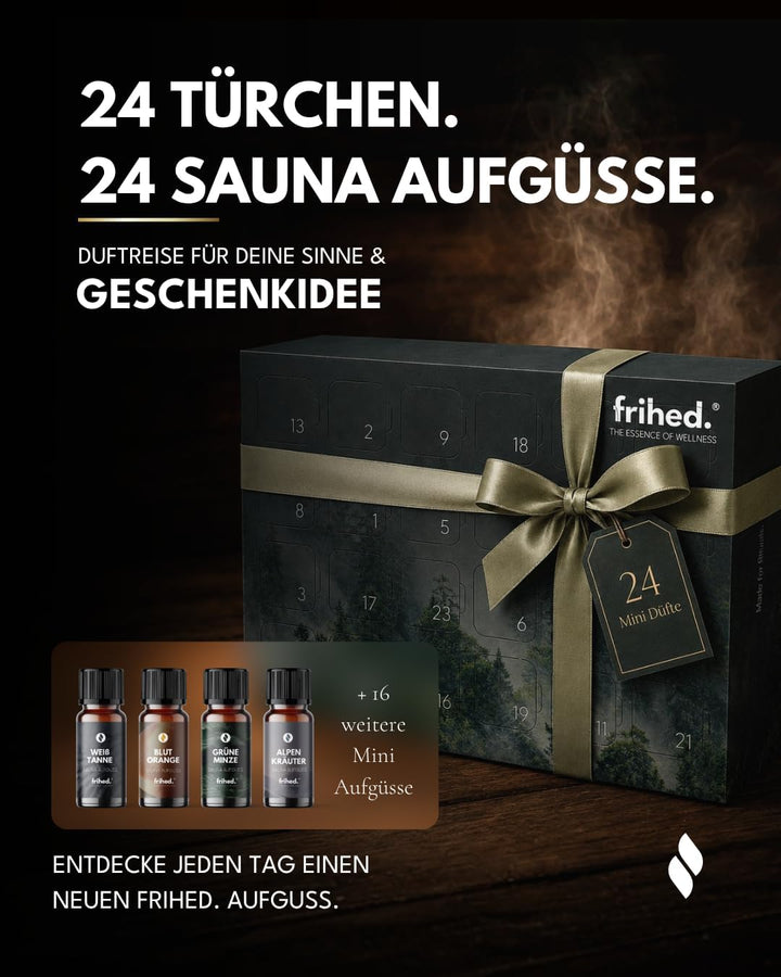 frihed.® Saunaaufguss Duftkalender Probierpaket - Hochkonzentrierte Öle - 24x verschiedene Düfte - G