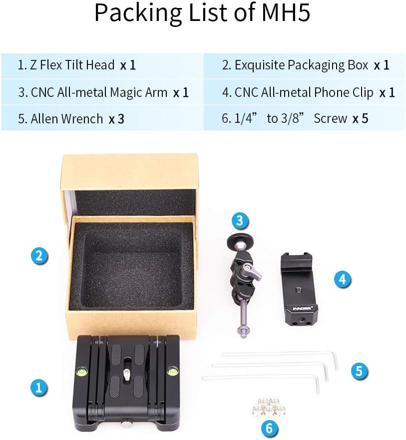 Z-Flex Tilt Stativkopf Innorel MH5 CNC Aluminiumlegierung 360 ° horizontale Drehung mit 1/4 "und 3/8