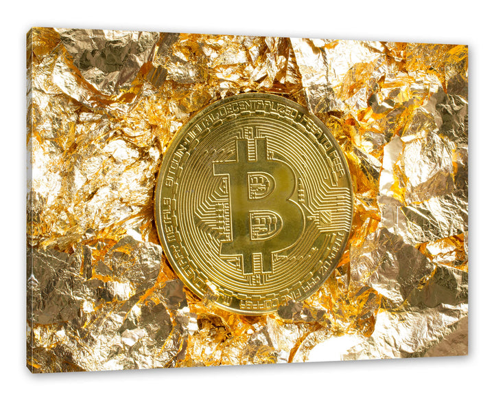Pixxprint Bitcoin BTC Goldpapier als Leinwandbild | Grösse: 120x80 cm | Wandbild | Kunstdruck | fert