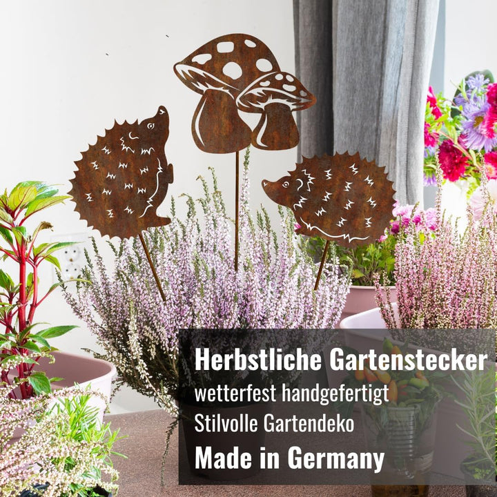 Terma Stahldesign Rostfigur Gartenstecker Set Herbst Zwei Igel EIN Pilz mit Spiess 40-45cm tolle gar