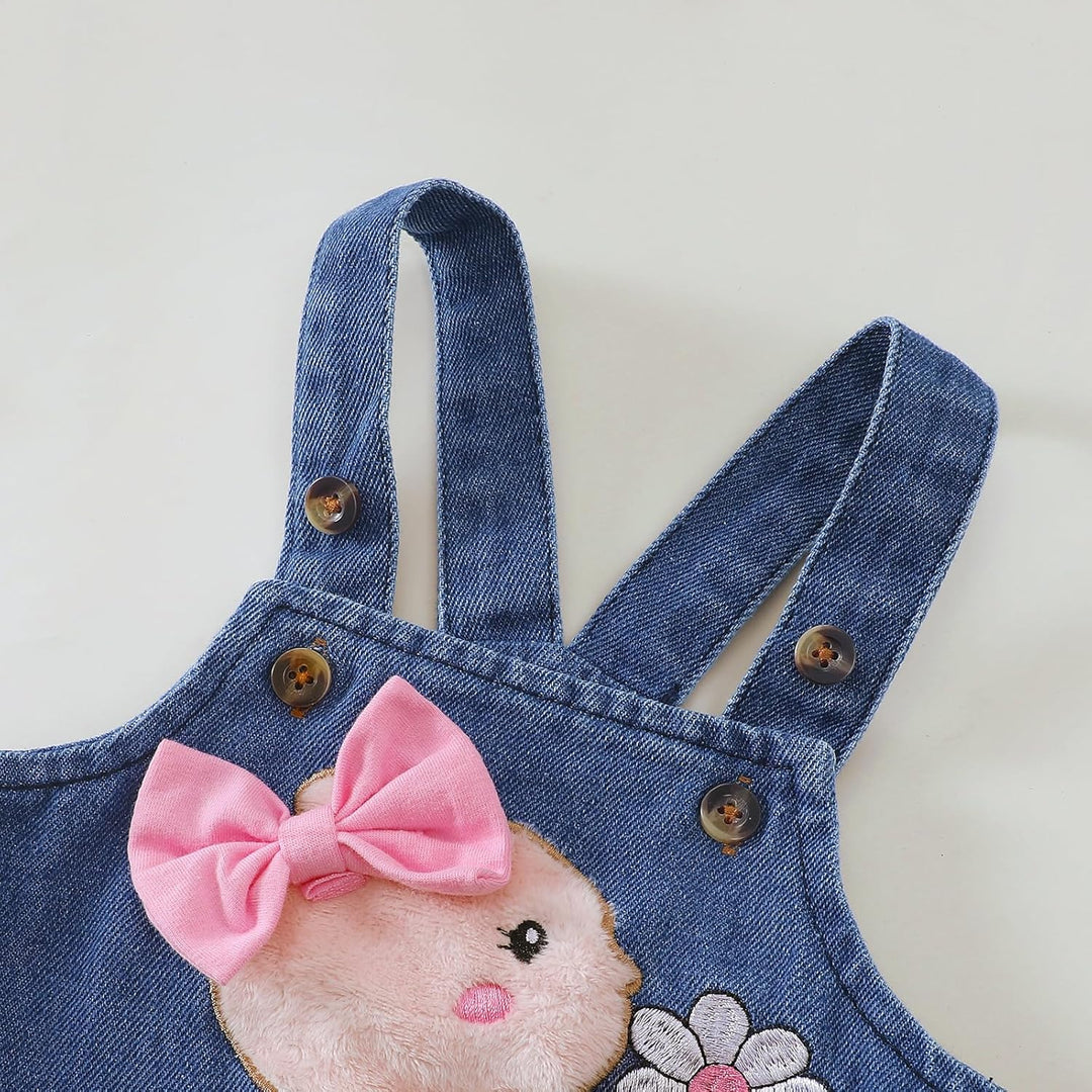 Baby Outfits für Mädchen mit Herz Print kurzärmelig Strampler Hosenträgerrock Bären Kleid Schleife S