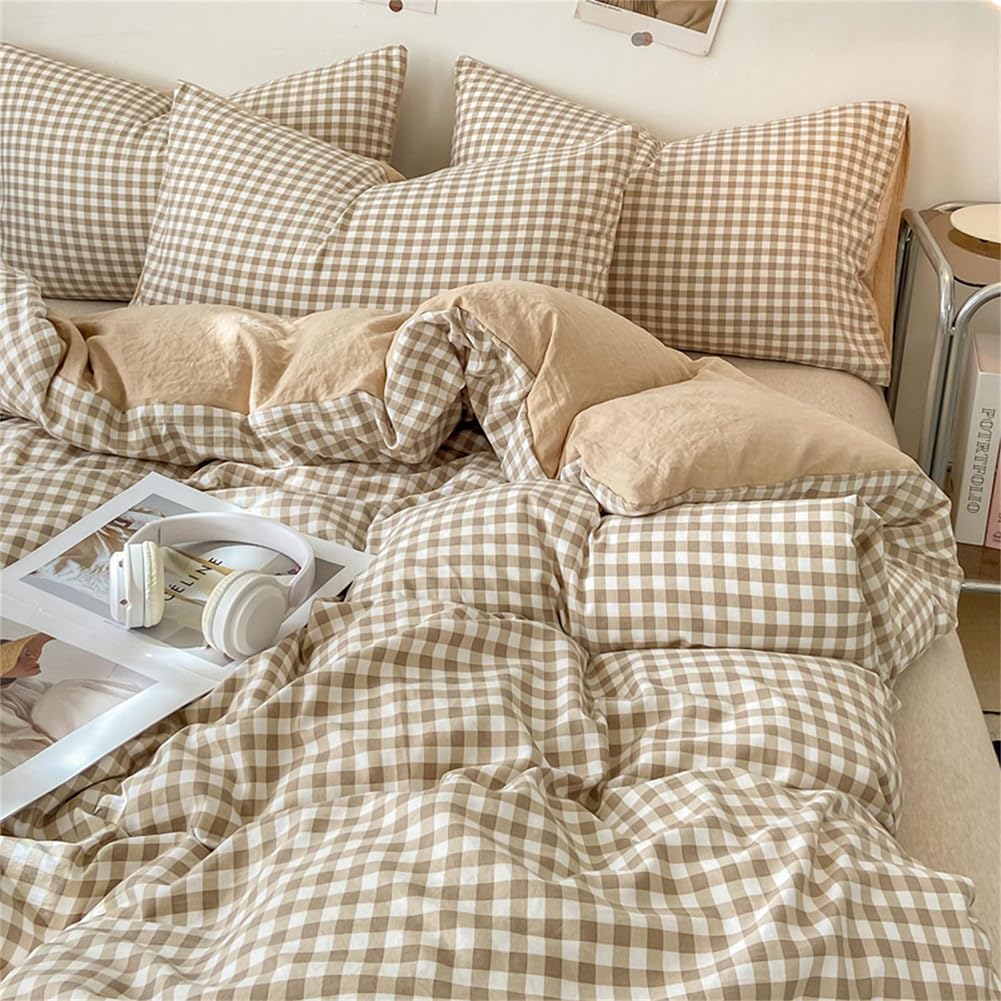 Bettwäsche Kariert 140x200 Beige Karomuster Microfaser Bettwäsche-Sets und Kissenbezug 70x90 cmZerti