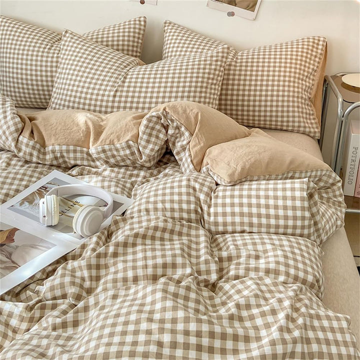 Bettwäsche Kariert 140x200 Beige Karomuster Microfaser Bettwäsche-Sets und Kissenbezug 70x90 cmZerti