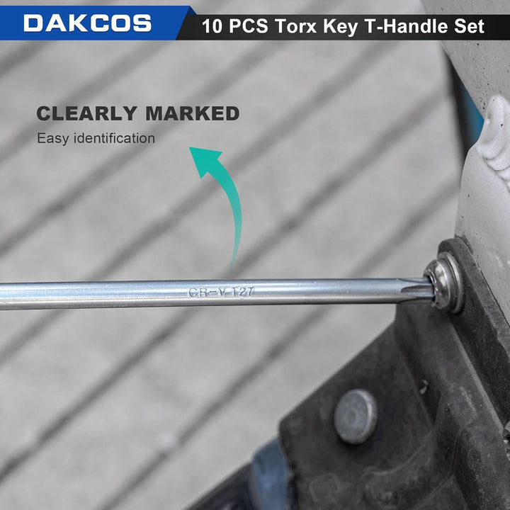 DAKCOS 10 tlg Torx Schlüssel Set mit T-Griff Torx-Stiftschlüssel mit Stirnlochbohrung für Innen-TORX