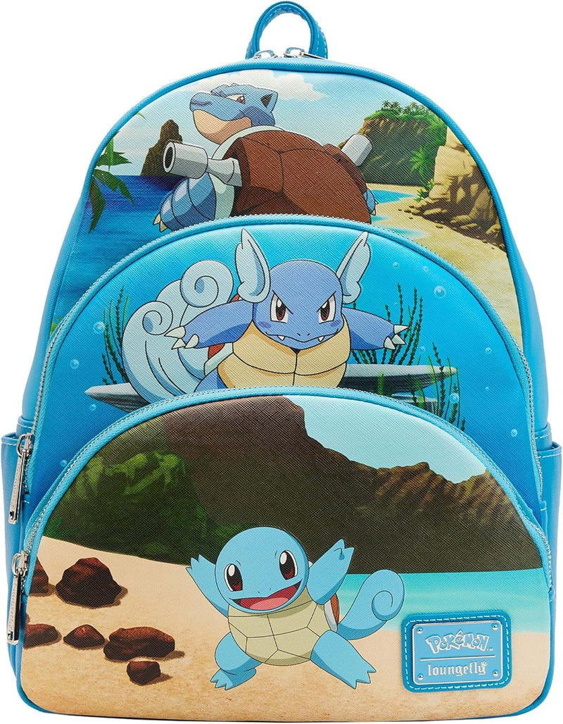 Loungefly Pokemon Squirtle Evolution Rucksack mit drei Taschen, Mehrfarbig/Meereswellen (Ocean Tides