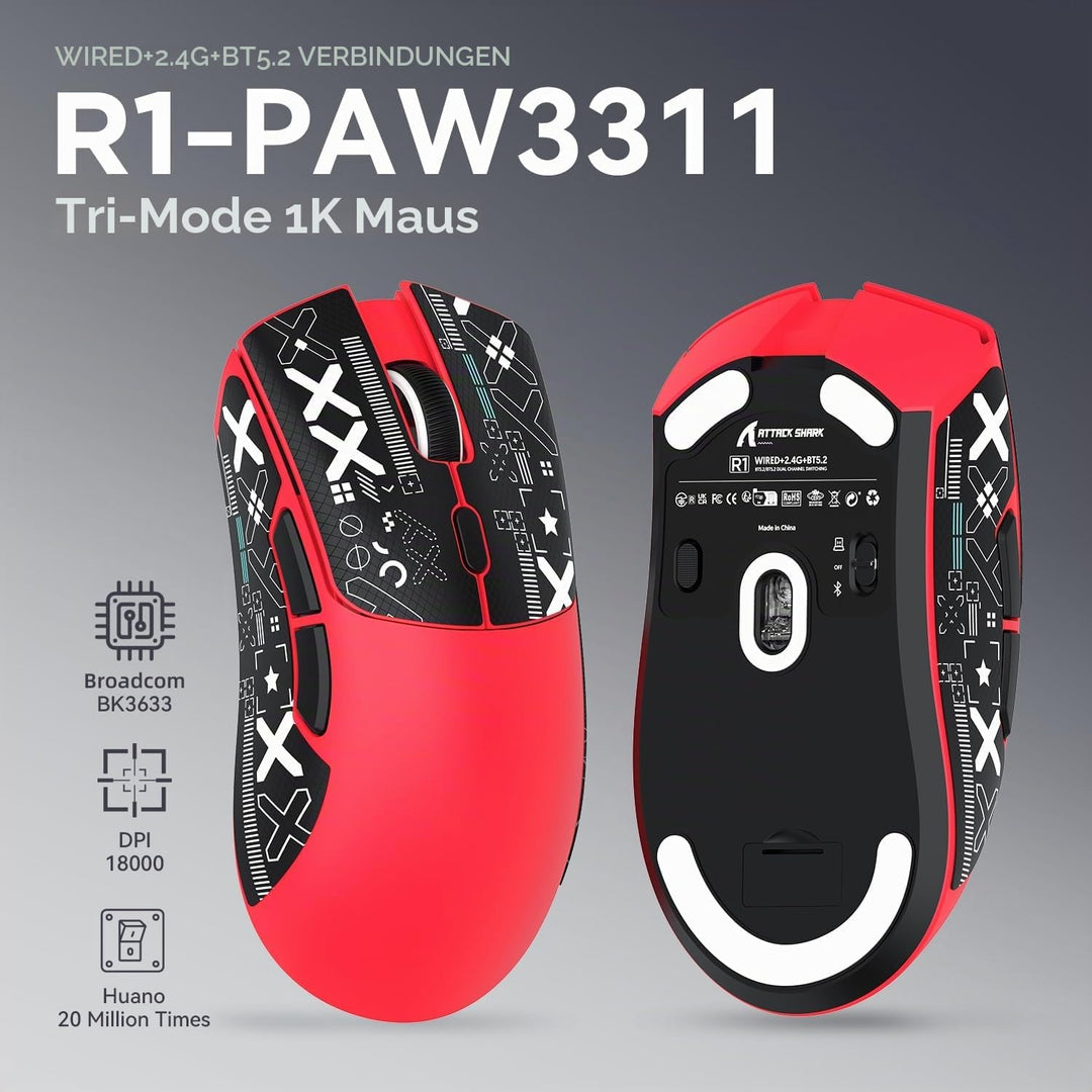 ATTACK SHARK R1 59g Superlight Maus mit Klebeband, PixArt PAW3311 Gaming-Sensor, BT/2,4G kabellose/k