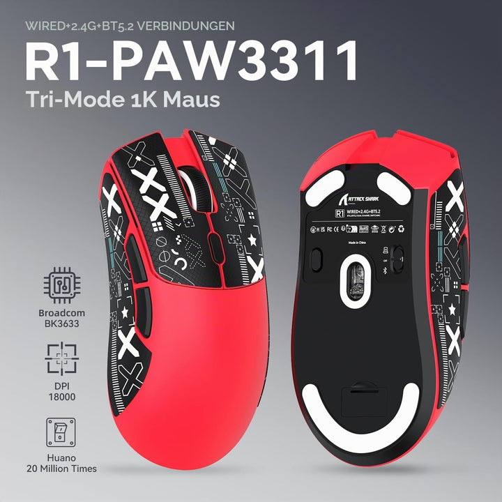 ATTACK SHARK R1 59g Superlight Maus mit Klebeband, PixArt PAW3311 Gaming-Sensor, BT/2,4G kabellose/k