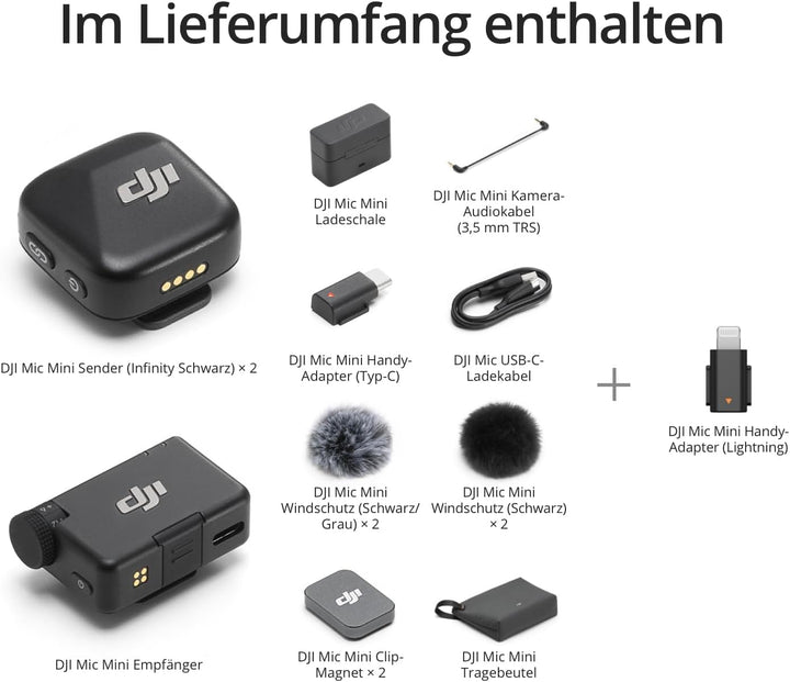 DJI Mic Mini (2 Sender + 1 Empfänger + Ladeschale) mit Mic Mini Handy-Adapter (Lightning), Ultraleic