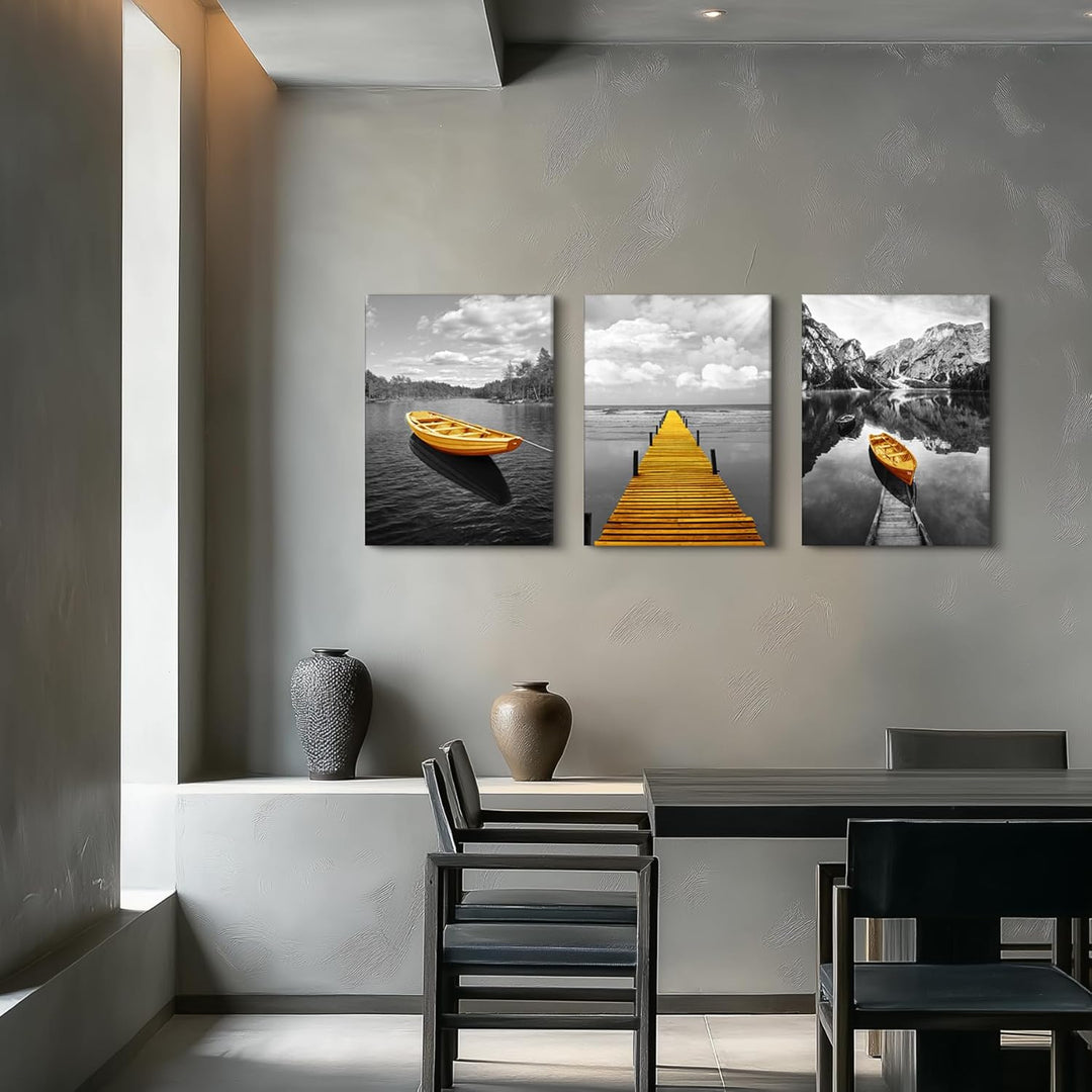 hyidecorart Bilder Landschaft Natur, Wandbild Grau Gelb Nordischer Boot, Modern Berge und See Panora