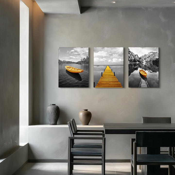 hyidecorart Bilder Landschaft Natur, Wandbild Grau Gelb Nordischer Boot, Modern Berge und See Panora