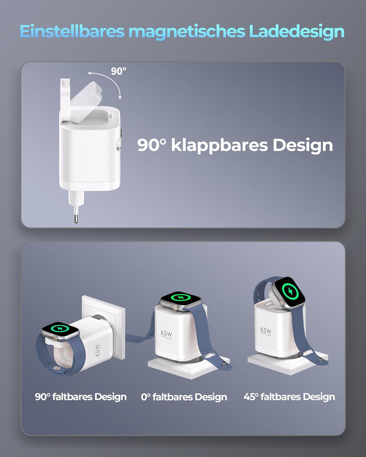 Einziehbares 65W USB C ladegerät mit Kabeln für Apple Watch, 4-Port GaN USB C Ladegerät Netzteil mit