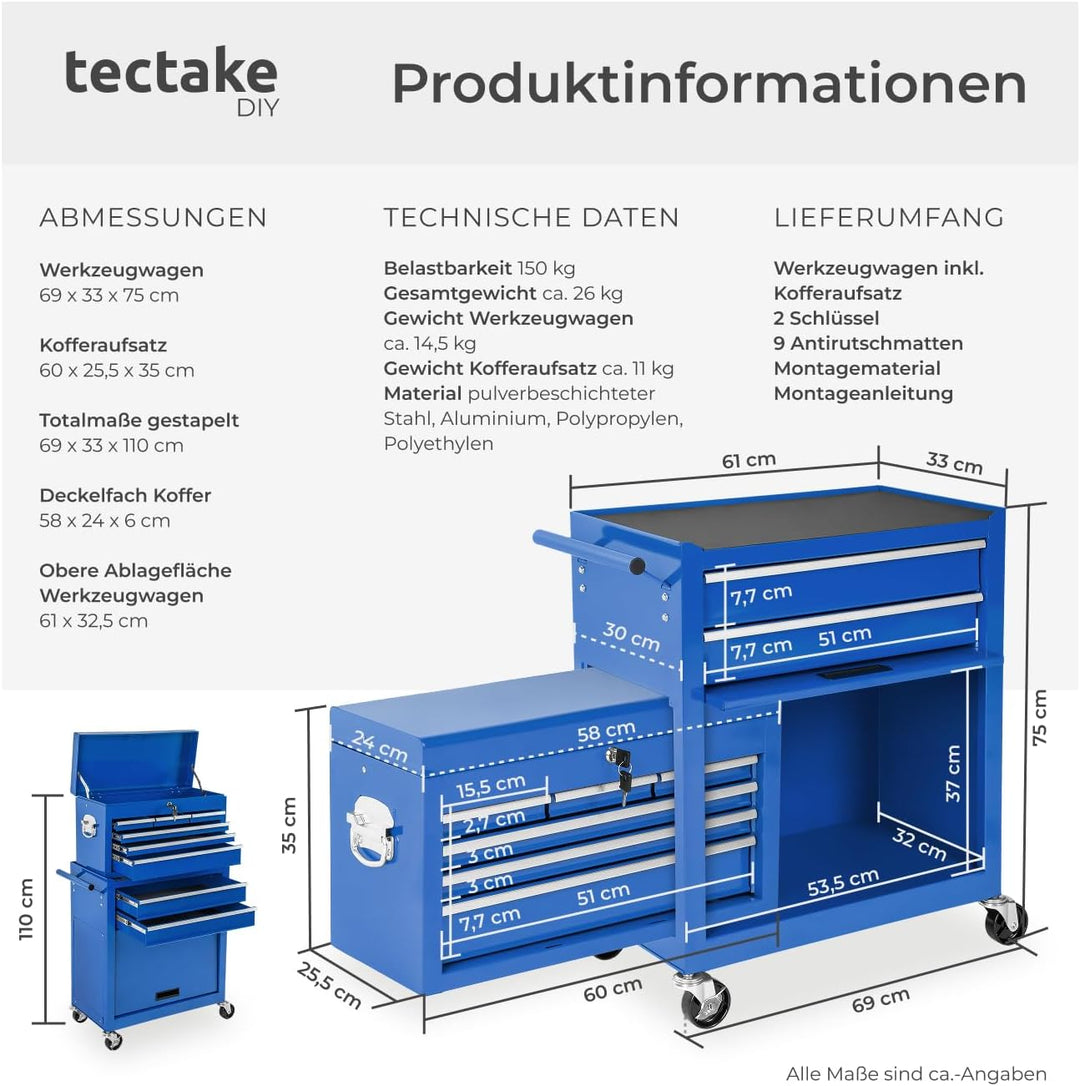 tectake Werkstattwagen Trolley mit Kofferaufsatz, Werkzeug Wagen abschliessbar, 10 Fächer, Mobile We
