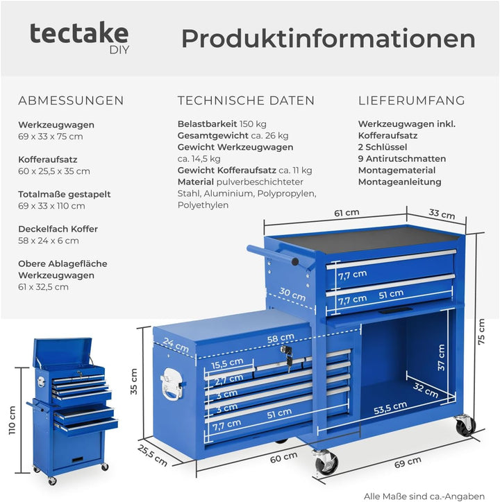 tectake Werkstattwagen Trolley mit Kofferaufsatz, Werkzeug Wagen abschliessbar, 10 Fächer, Mobile We