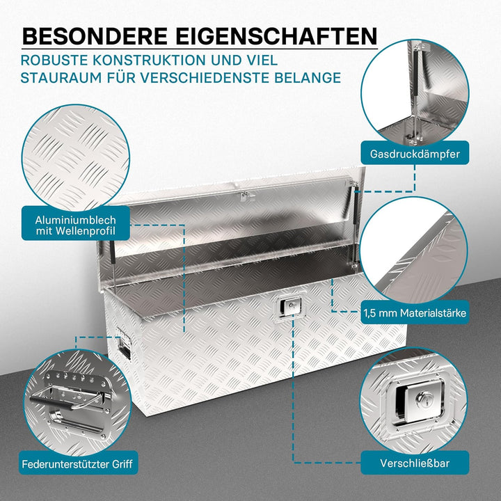 Wiltec Werkzeugbox Alu 124x37x38 cm Silberfarbene Transportbox, Werkzeugkiste inkl. Schlüssel, Alubo