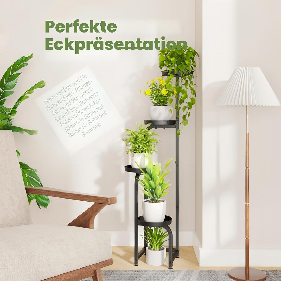 Bamworld Hoher Pflanzenständer für drinnen und draussen, Eck-Blumentopfständer aus Metall für mehrer