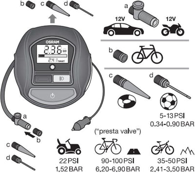 OSRAM TYREinflate 1000, Digitales Reifenfüllgerät mit Auto-Stopp und LED Licht, tragbarer 12V Kompre