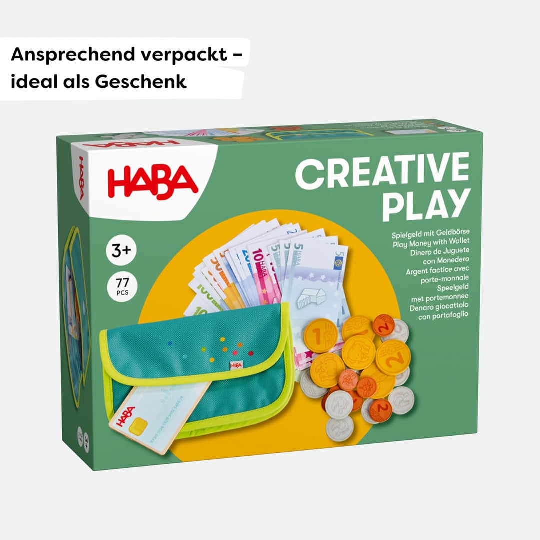 HABA Creative Play Spielgeld-Set – Geldbeutel für Kinder mit Holzmünzen, Geldscheinen & Spielgeld –