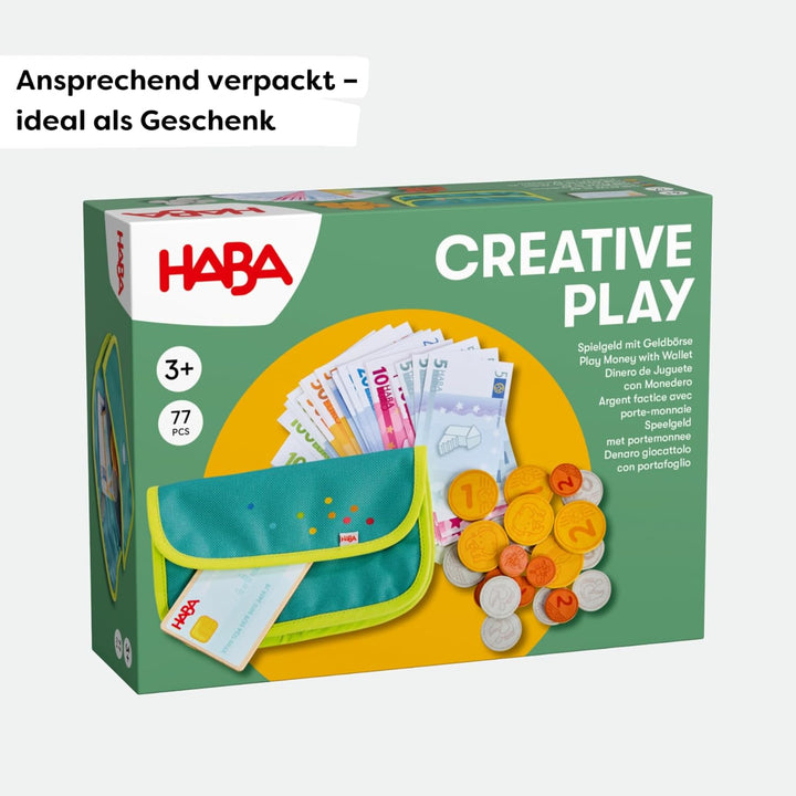 HABA Creative Play Spielgeld-Set – Geldbeutel für Kinder mit Holzmünzen, Geldscheinen & Spielgeld –
