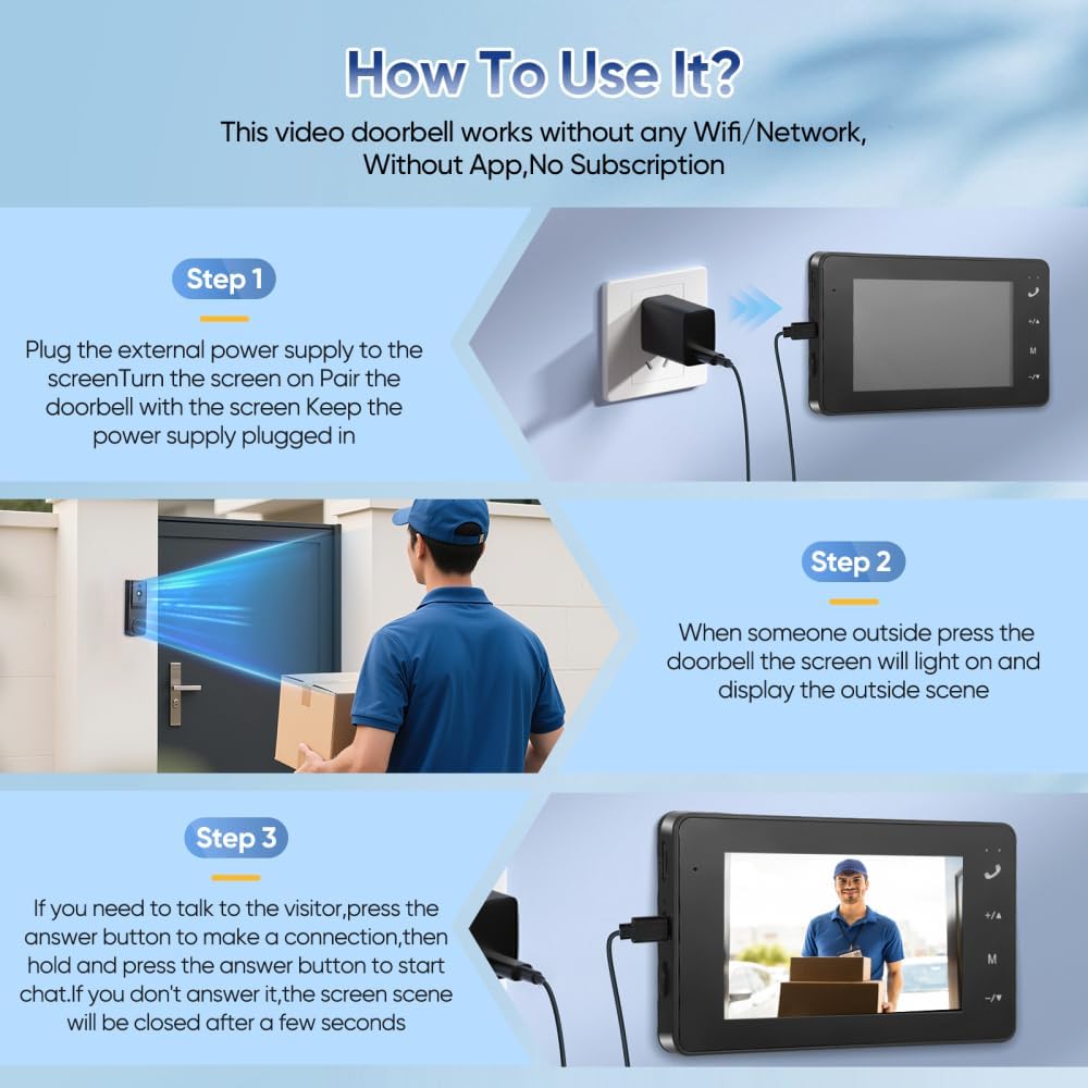 Türklingel mit Kamera, 1080P HD Drahtlose Video Türklingel, IP65 Wasserdicht, 4,3" IPS-Display inkl.