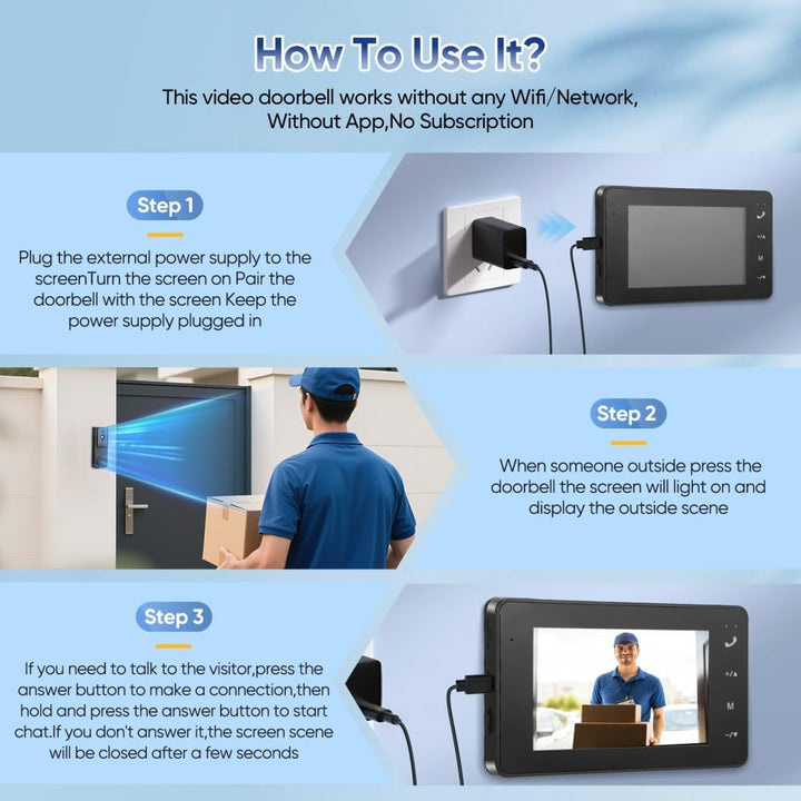 Türklingel mit Kamera, 1080P HD Drahtlose Video Türklingel, IP65 Wasserdicht, 4,3" IPS-Display inkl.