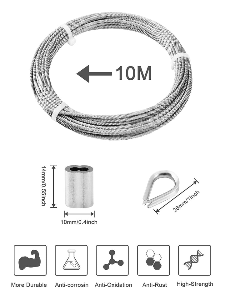 TooTaci 3mm Edelstahl Drahtseil 10M - Stahlseil mit M3 Drahtseilkausche & Aluminium-Crimphülsen – Id